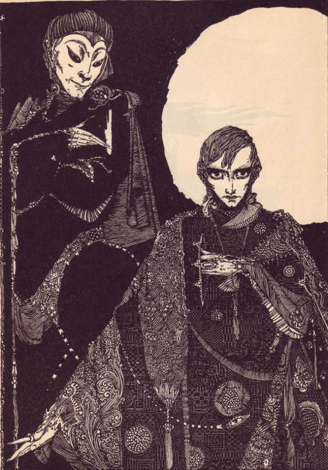 Stylised monochrome illustration of two figures. In the right foreground, a man in an elaborately decorated robe looks piercingly out from the picture. In the rear left, a figure with an aloof, demonic expression looks down on the other man.